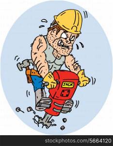 Illustration of a construction worker with jack hammer pneumatic drill drilling excavation work on isolated white background done in cartoon style. . Construction Worker Jackhammer Drilling Cartoon