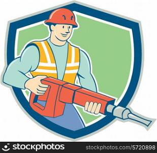 Illustration of a construction worker with jack hammer pneumatic drill set inside shield crest on isolated background done in cartoon style. . Construction Worker Jackhammer Shield Cartoon