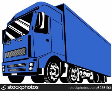 illustration of a container truck lorry done in retro style on isolated background viewed from low angle. truck container van