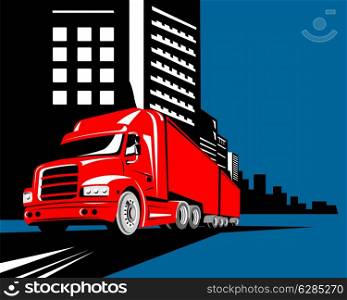 illustration of a container truck lorry done in retro stylewith buildings in background. truck container van building