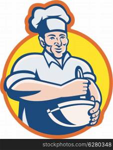 Illustration of a cook chef baker with mixing bowl facing front set inside circle done in retro style.. Cook Chef Baker With Mixing Bowl Retro