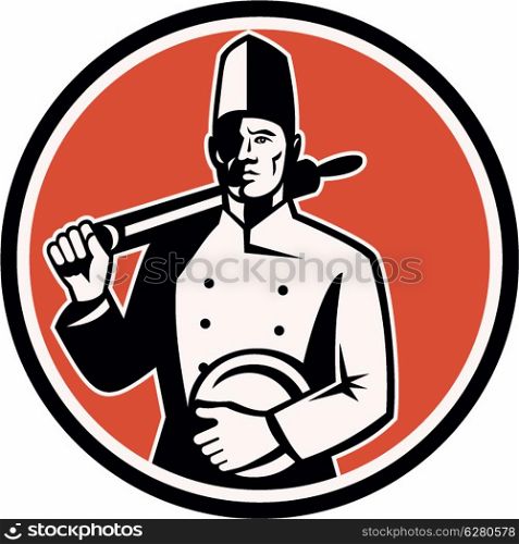 Illustration of a cook chef baker with roller facing front set inside circle done in retro style.. Cook Chef Baker With Roller Retro