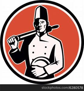 Illustration of a cook chef baker with roller facing front set inside circle done in retro style.. Cook Chef Baker With Roller Retro