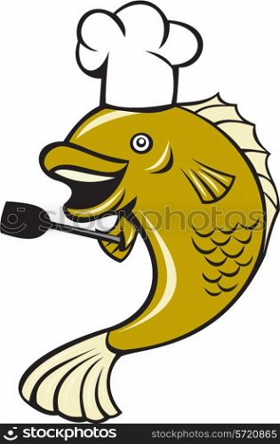 Illustration of a cook chef largemouth bass fish with spatula done in cartoon style on isolated white background.. Cook Chef Largemouth Bass Fish Spatula Cartoon