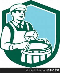 Illustration of a cooper barrel maker making a drum holding a mallet viewed from front set inside shield done in retro style.. Cooper Barrel Maker Drum Retro Shield
