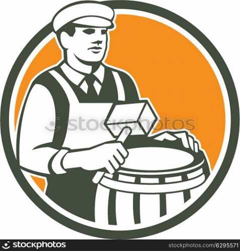Illustration of a cooper barrel maker making a drum holding a mallet viewed from front set inside circle done in retro style.. Cooper Barrel Maker Drum Retro Circle