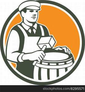 Illustration of a cooper barrel maker making a drum holding a mallet viewed from front set inside circle done in retro style.. Cooper Barrel Maker Drum Retro Circle