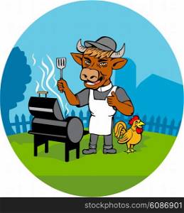 Illustration of a cow barbecue chef holding a spatula wearing a minister clerical collar, hat and apron with grill or smoker and chicken rooster on side set inside oval shape done in caricature style.
