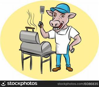 Illustration of a cow barbecue chef holding a spatula wearing hat and apron with grill or smoker set inside oval shape set inside oval shape done in cartoon style. Cow Barbecue Chef Smoker Oval Cartoon