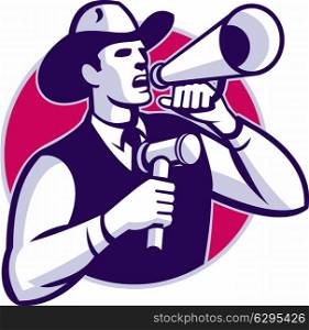 Illustration of a cowboy auctioneer with gavel hammer shouting on bullhorn set inside circle done in retro style.