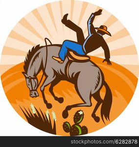 illustration of a cowboy falling off horse in the desert done in retro woodcut style.. cowboy falling off horse in the desert