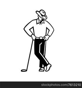 Illustration of a cowboy golfer wearing a hat leaning on golf club viewed from front on isolated background done in black and white in retro style.. Cowboy Golfer Leaning Golf Club Black and White