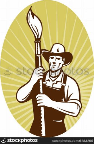illustration of a cowboy painter holding a paint brush facing front set inside an oval done in retro style.. cowboy painter with paintbrush