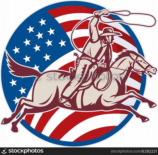 illustration of a cowboy riding horse with lasso and american flag. cowboy riding horse with lasso and american flag