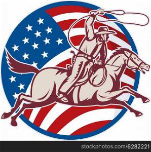illustration of a cowboy riding horse with lasso and american flag. cowboy riding horse with lasso and american flag