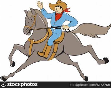 Illustration of a cowboy with arm raised riding horse viewed from the side set on isolated white background done in cartoon style.. Cowboy Riding Horse Waving Cartoon