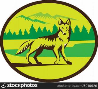 Illustration of a coyote looking front viewed from the side set inside oval shape with mountain trees landscape in the background done in retro style. . Coyote Mountain Landscape Oval Retro