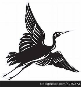 illustration of a Crane flying done in retro woodcut style on isolated white background. Crane flying