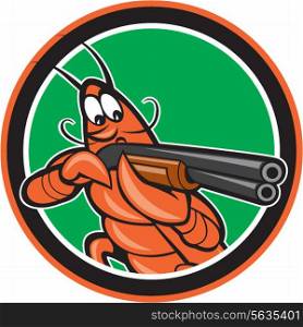 Illustration of a crayfish lobster aiming pointing shooting shotgun on isolated background set inside circle done in cartoon style.. Crayfish Lobster Aiming Shotgun Circle Cartoon