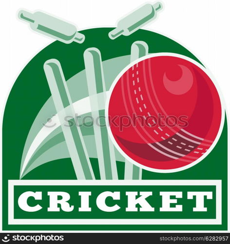 "illustration of a cricket ball hitting bowling over wicket with words cricket". cricket sports ball wicket""