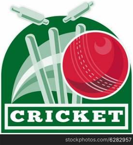 "illustration of a cricket ball hitting bowling over wicket with words cricket". cricket sports ball wicket""