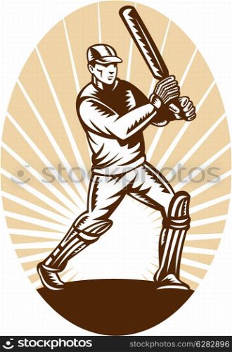 illustration of a cricket batsman batting front view done in retro woodcut style. cricket batsman batting front