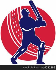 illustration of a cricket batsman batting front view with ball in background done in retro style . cricket sports batsman batting retro
