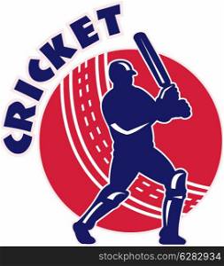 illustration of a cricket batsman batting front view with ball in background done in retro style. cricket sports batsman batting retro