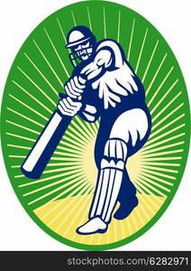 illustration of a cricket batsman silhouette batting front view . cricket sports batsman batting