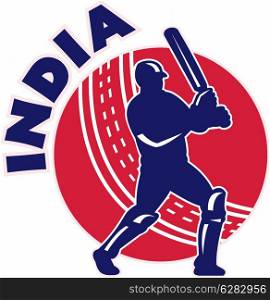 "illustration of a cricket batsman silhouette batting front view with ball in background done in retro style with words India". cricket sports batsman batting India""