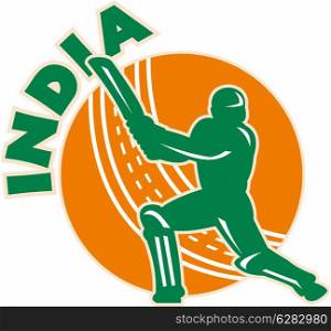 "illustration of a cricket batsman silhouette batting front view with ball in background done in retro style with words India". cricket sports batsman batting India""