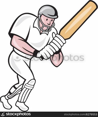 Illustration of a cricket player batsman with bat batting done in cartoon style on isolated background.. Cricket Player Batsman Batting Cartoon