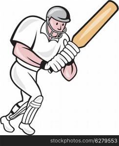 Illustration of a cricket player batsman with bat batting done in cartoon style on isolated background.. Cricket Player Batsman Batting Cartoon