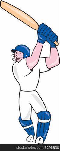 Illustration of a cricket player batsman with bat batting done in cartoon style on isolated white background.. Cricket Player Batsman Batting Cartoon