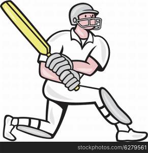 Illustration of a cricket player batsman with bat batting kneel done in cartoon style on isolated background.. Cricket Player Batsman Batting Kneel Cartoon