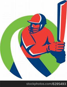 Illustration of a cricket player batsman with bat batting set inside circle done in retro style on isolated background.. Cricket Player Batsman Batting Retro