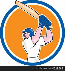Illustration of a cricket player batsman with bat batting set inside circle on isolated background done in cartoon style. . Cricket Player Batsman Batting Circle Cartoon