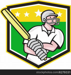 Illustration of a cricket player batsman with bat batting set inside shield done in cartoon style on isolated background.. Cricket Player Batsman Batting Shield Star