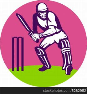 illustration of a cricket sports batsman batting viewed from front set inside circle with wickett in background. cricket batsman batting wicket