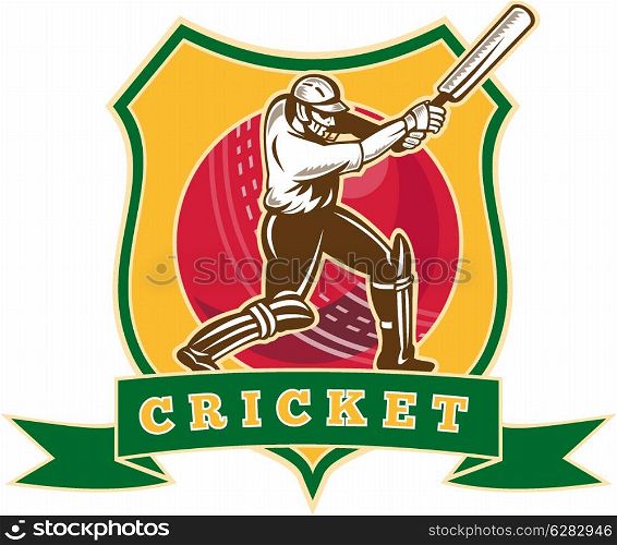 "illustration of a cricket sports batsman batting viewed from front with cricket ball in the middle and shield with words cricket" done in retro style. cricket player batsman batting ball shield""