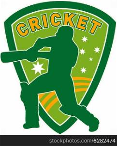 illustration of a cricket sports player batsman silhouette batting set inside shield with stars of australian flag greenand gold. cricket player batsman batting shield