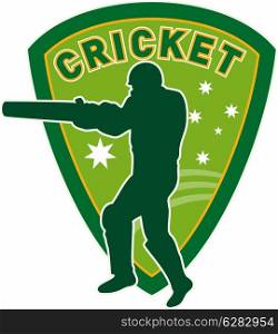 illustration of a cricket sports player batsman silhouette batting set inside shield with stars of australia flag and australian green and gold color. cricket player batsman australia