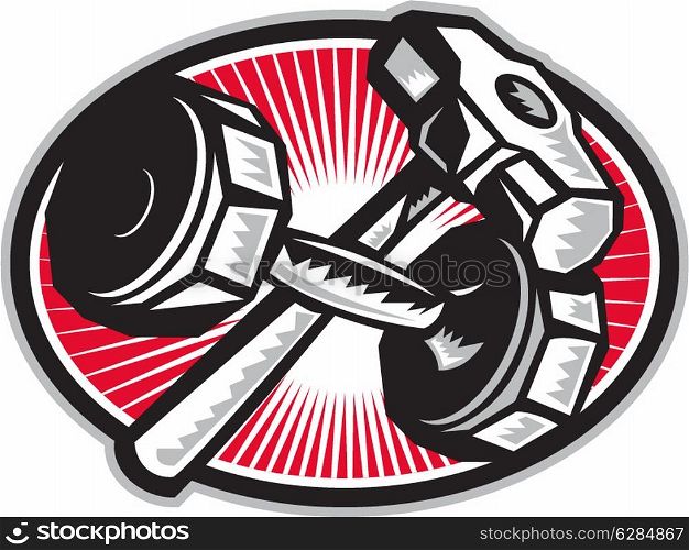 Illustration of a crossed dumbbell barbell and sledgehammer set inside oval done in retro woodcut style.