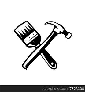 Illustration of a crossed paint brush and hammer on isolated white background done in retro black and white style.. Crossed Paint Brush and Hammer Retro Black and White