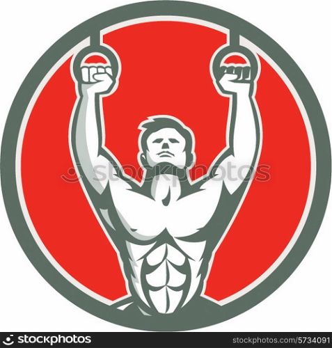 Illustration of a crossfit athlete body weight exercise hanging hangoing on gymnastic rings kipping muscle up facing front inside shield crest done in retro style on isolated white background. Kipping Muscle Up Cross-fit Circle Retro