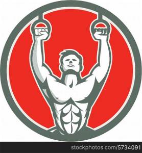 Illustration of a crossfit athlete body weight exercise hanging hangoing on gymnastic rings kipping muscle up facing front inside shield crest done in retro style on isolated white background. Kipping Muscle Up Cross-fit Circle Retro