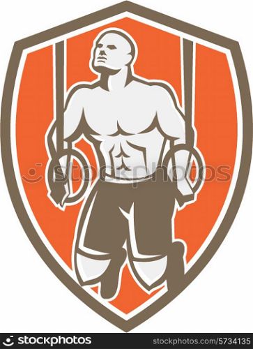Illustration of a crossfit athlete body weight exercise hanging on gymnastic ring dip kipping muscle up facing front inside shield crest done in retro style on isolated white background. Cross-fit Ring Dip Shield Retro