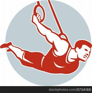 Illustration of a crossfit athlete muscle-up hanging on gymnastics rings facing side set inside circle done in retro style on isolated background.. Crossfit Athlete Muscle-Up Gymnastics Ring Retro