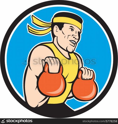 Illustration of a crossfit athlete muscle-up lifting kettlebell workout exercise facing side set inside circle shape done in cartoon style on isolated background. Strongman Lifting Kettlebell Circle Cartoon