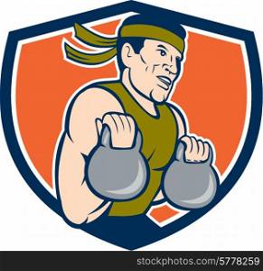 Illustration of a crossfit athlete muscle-up lifting kettlebell workout exercise facing side set inside shield crest shape done in cartoon style on isolated background. Strongman Lifting Kettlebell Crest Cartoon